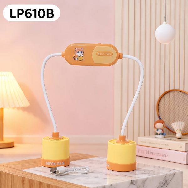 Orange (LP610B) flexible dual-head neck fan with cartoon motif