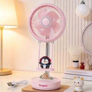 Pink penguin USB rechargeable desk fan with swing ornament
