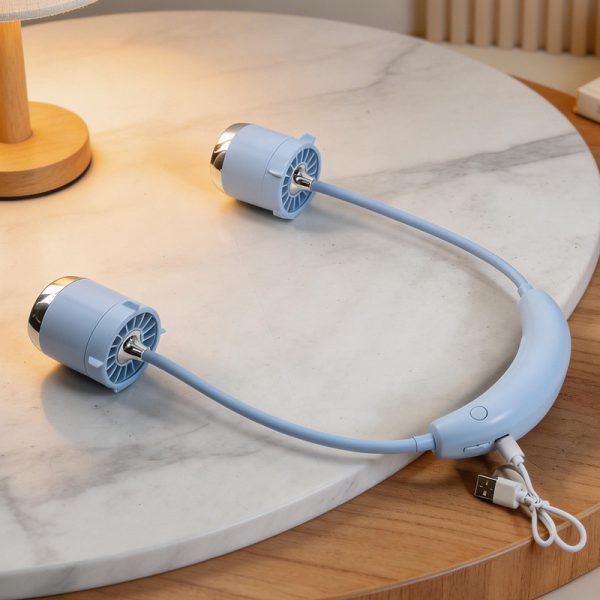 Blue neck fan connected to a USB charging cable