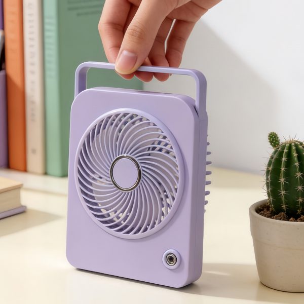 Purple square desktop fan with raised carry handle