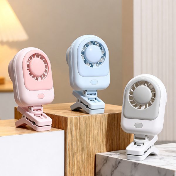 White, Pink and Blue mini clip-on fan color options; fans sold individually