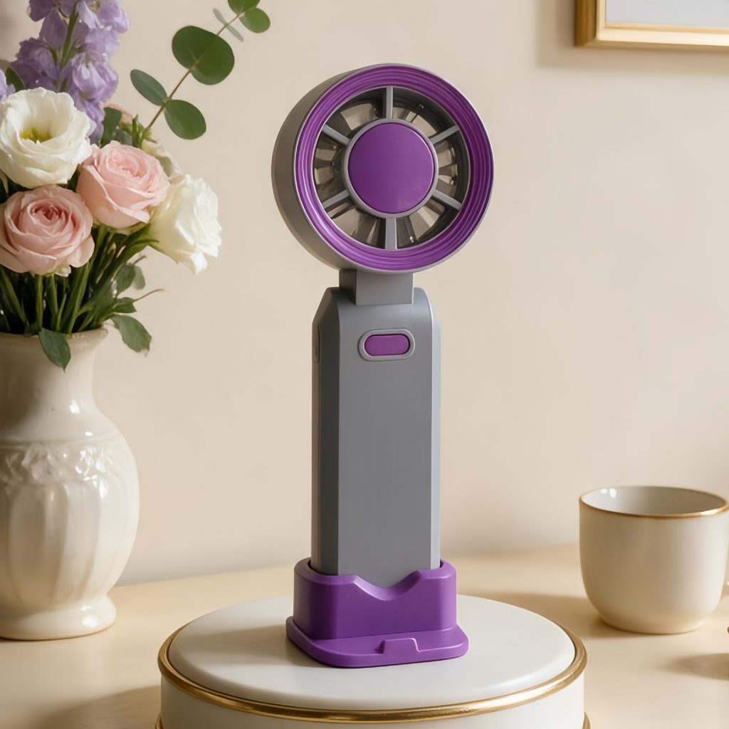 Gray USB rechargeable handheld fan with desktop stand