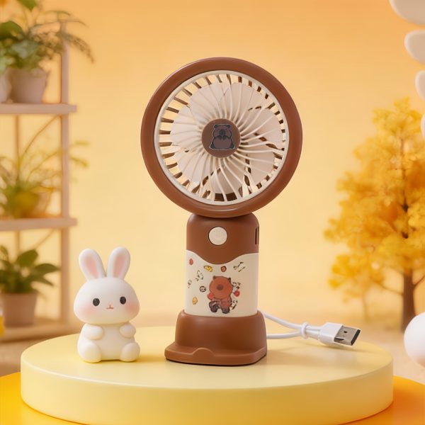 Dark Coffee capybara sticker-style rechargeable mini fan with desktop base