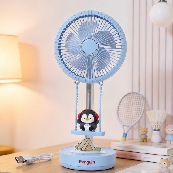 Blue penguin USB rechargeable desk fan with swing ornament