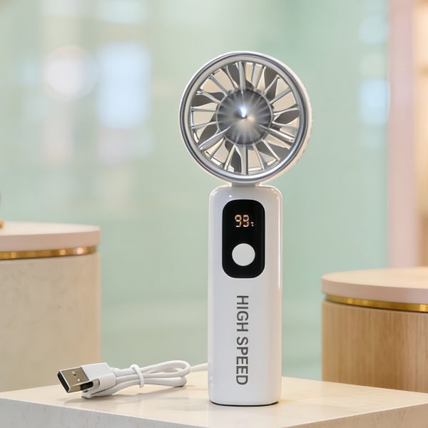 White five-speed rechargeable folding handheld fan with digital display