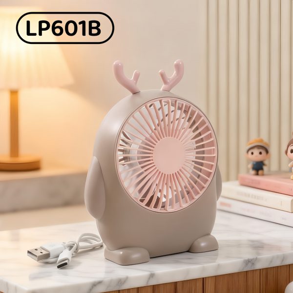 Khaki & Pink rechargeable mini desktop fan in deer design