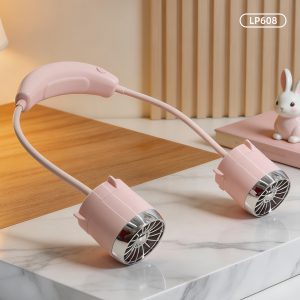Pink dual-head neck fan with flexible connecting band