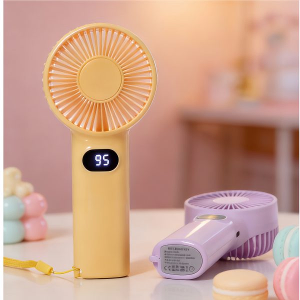 Yellow digital display handheld fan front view beside Purple fan rear view