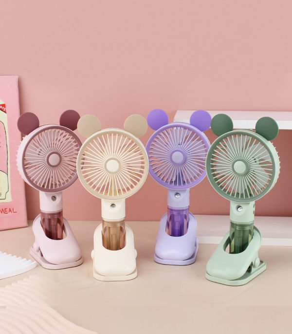 Pink, Apricot, Purple and Green Bear misting clip-on fan options; fans sold individually