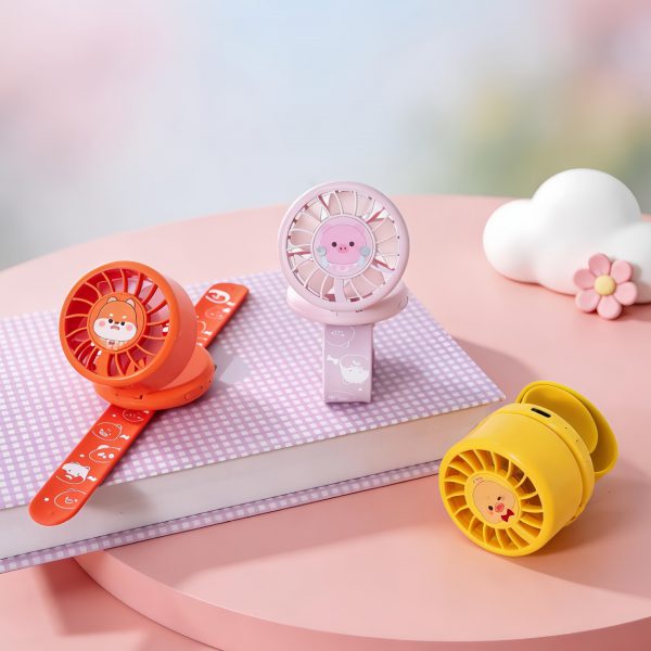 Orange, Pink and Yellow USB rechargeable cartoon wrist fan color choices
