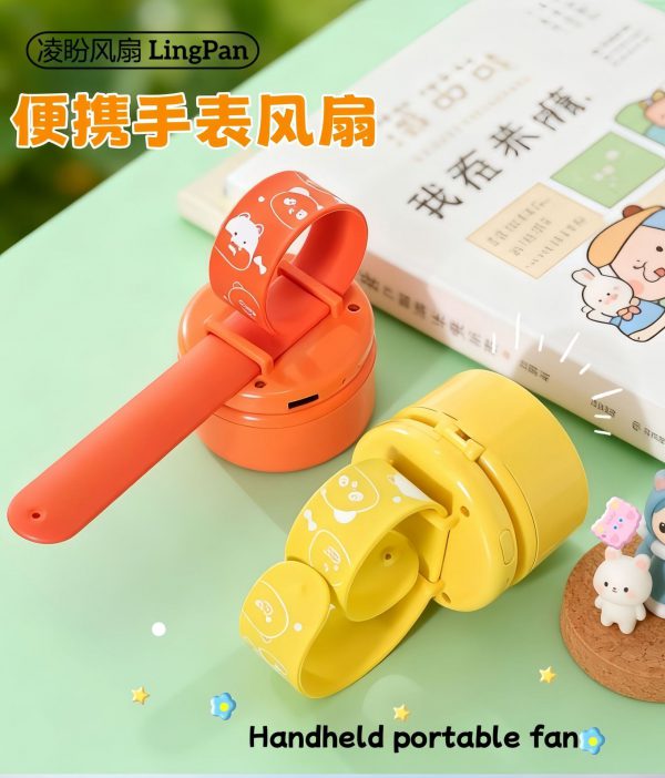 Orange and Yellow USB rechargeable cartoon wrist fans reverse view and wrist straps
