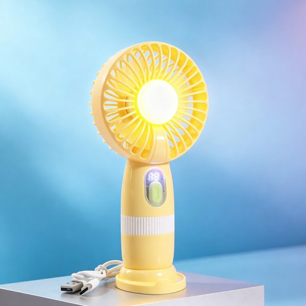 Yellow rechargeable handheld mini fan with digital display, light and desktop base