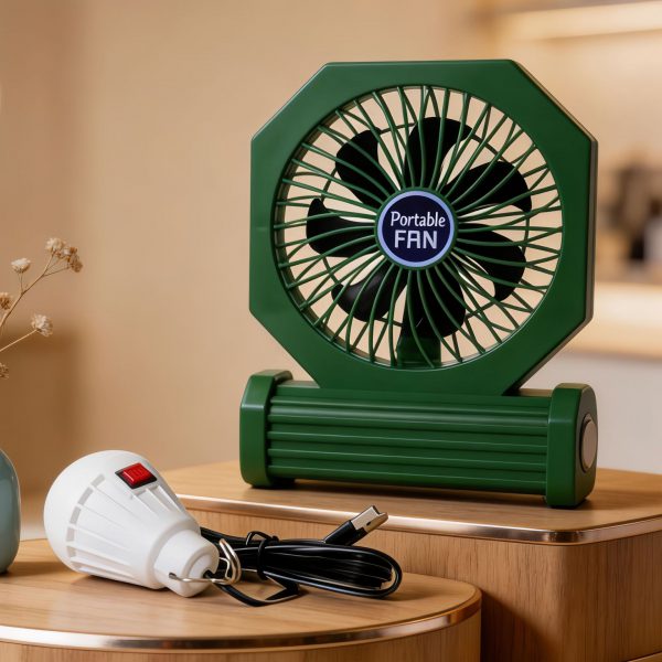 Green rechargeable camping fan with external USB light bulb and cable