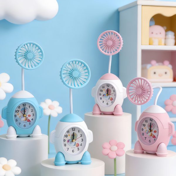 Blue and pink two-tone clock fan color options shown together; fans sold individually
