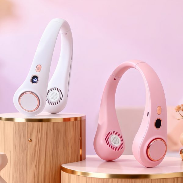 White and Pink Digital Display wearable neck fans on display stands; choose one option