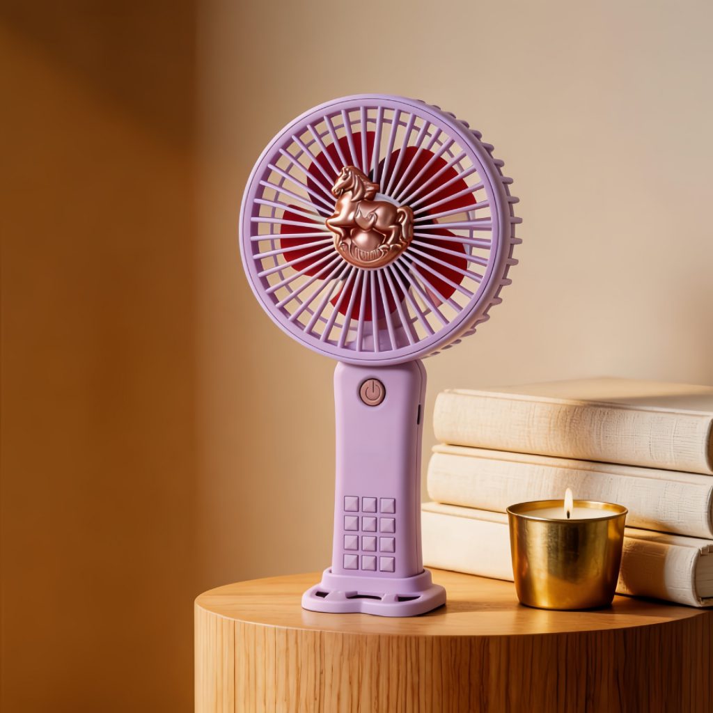 Purple rechargeable mini handheld fan with detachable desktop base