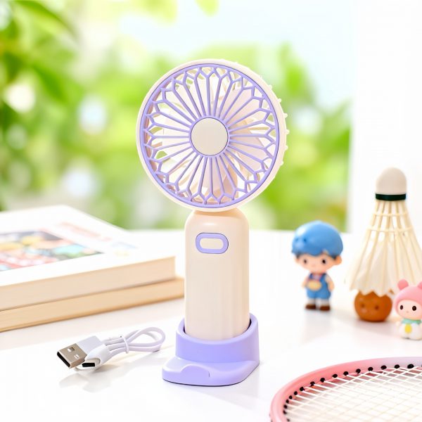 Off-White rechargeable mini handheld fan with detachable desktop and phone stand base