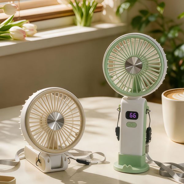 Brown handheld fan folded beside an upright Green fan on its desktop base; choose one color