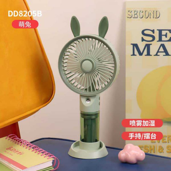 Rabbit Ear Green cartoon USB rechargeable spray fan with phone stand