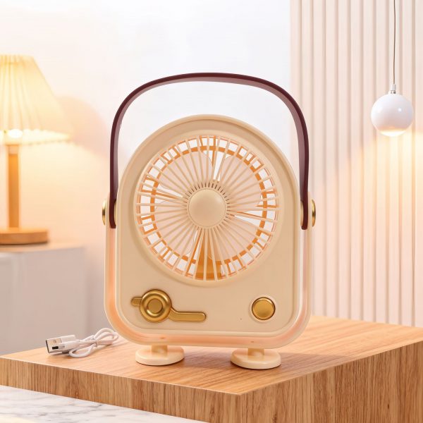 Beige USB rechargeable three-speed desktop fan with carry handle
