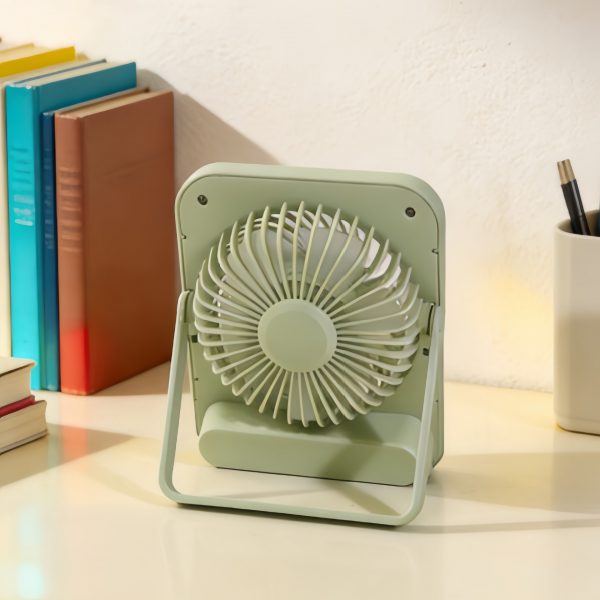 Green square desktop fan rear view with fold-out stand