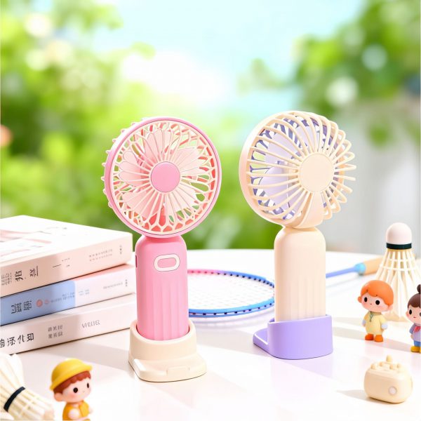 Pink and off-white mini handheld fans with desktop bases showing front and rear views