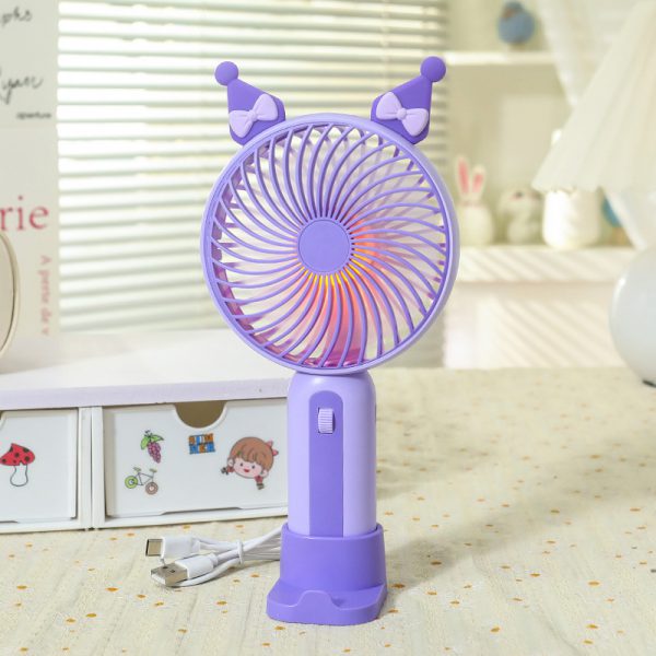 Purple cartoon rechargeable handheld fan with desktop base and light