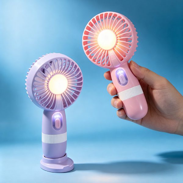 Purple mini fan on a desktop base and pink fan held by hand with their lights on