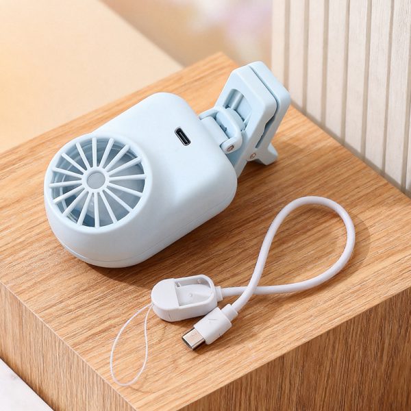 Blue mini clip-on fan rear view and charging port; cable shown for illustration