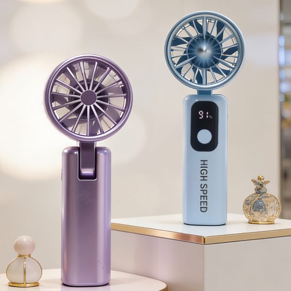 Purple folding handheld fan rear view beside Blue fan front view