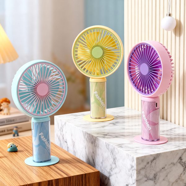Azure Blue, Yellow and Pink transparent-handle handheld fans on their desk bases; choose one color