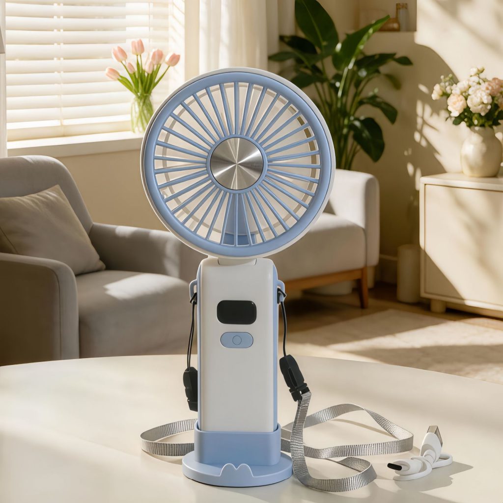 Blue USB rechargeable foldable handheld fan with digital display, matching desktop base and lanyard; one selected color