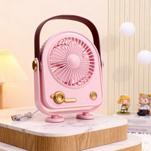 Pink USB rechargeable three-speed desktop fan with carry handle