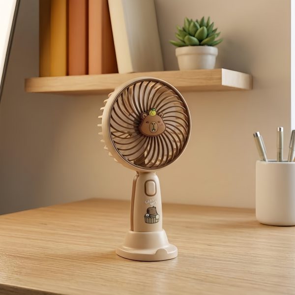 Almond Brown - Capybara USB rechargeable handheld fan with removable tabletop stand