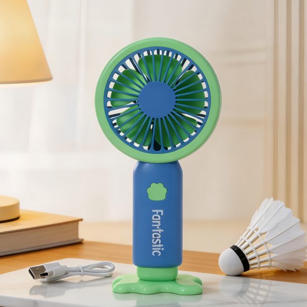 Blue rechargeable mini handheld fan with detachable desktop base and USB cable