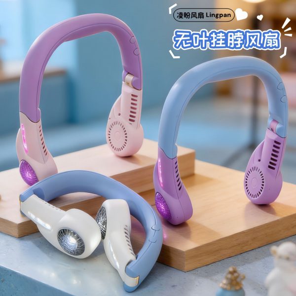 Purple and Pink, Blue and White, and Blue and Purple Light-Up wearable neck fan choices; choose one option