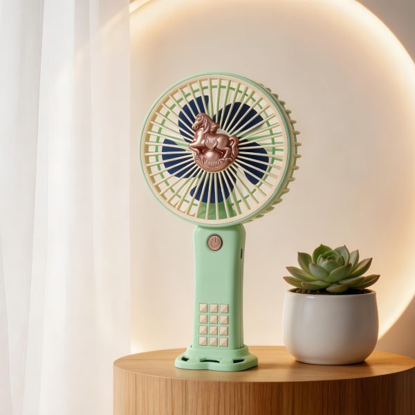 Green rechargeable mini handheld fan with detachable desktop base
