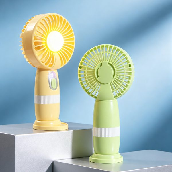 Yellow and green mini fans with desktop bases showing side and rear views