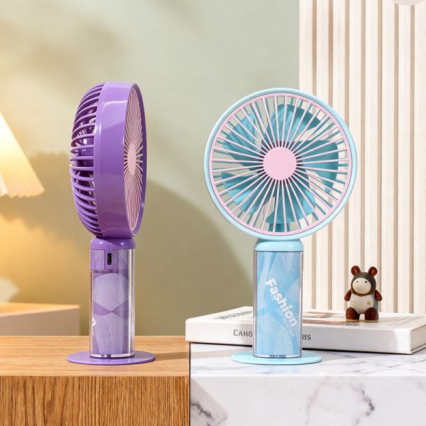 Purple fan side and charging-port view beside an Azure Blue transparent-handle fan