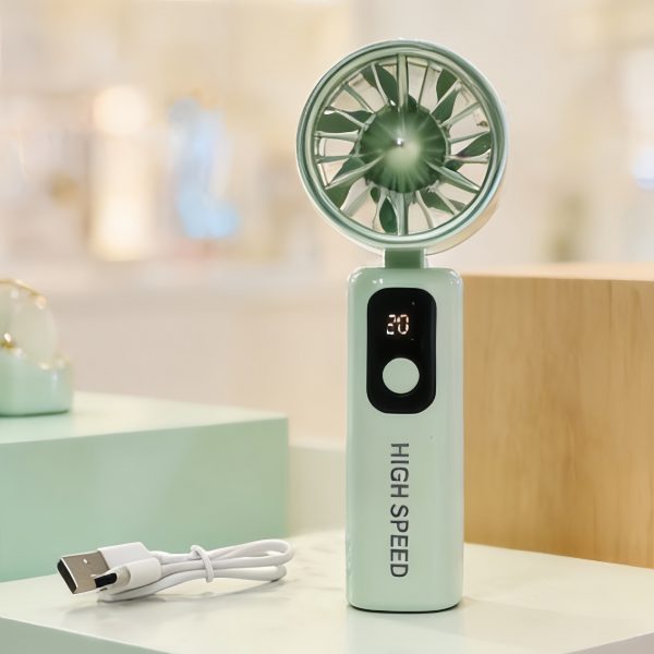 Green five-speed rechargeable folding handheld fan with digital display