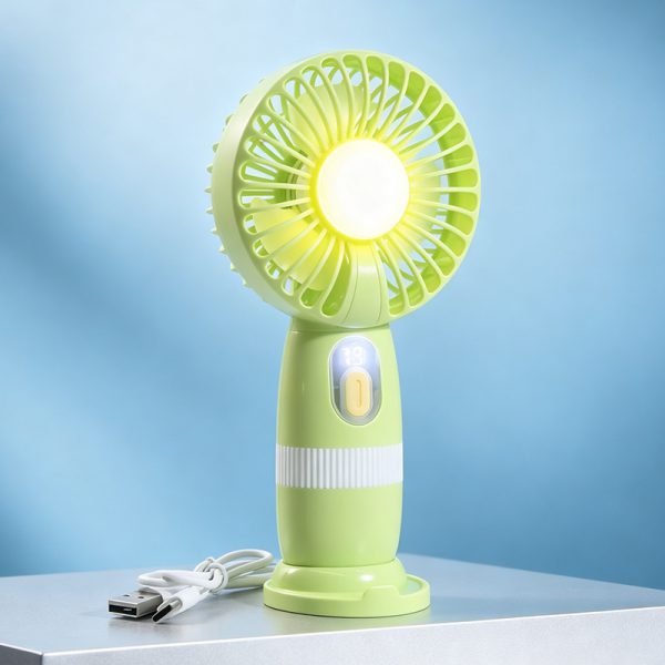 Green rechargeable handheld mini fan with digital display, light and desktop base