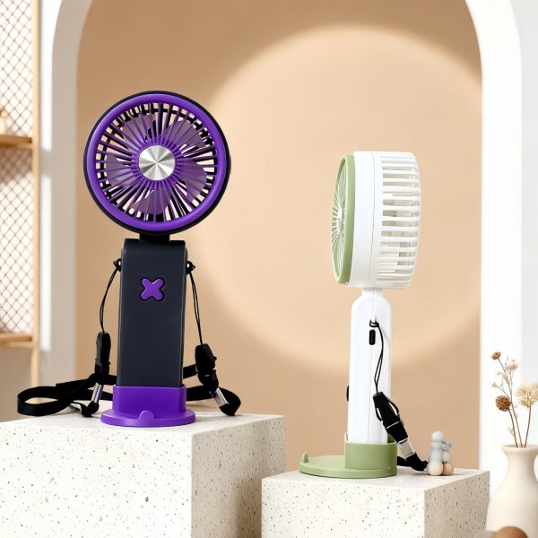 Purple fan front view and Green fan side view with their tabletop bases; fans sold individually