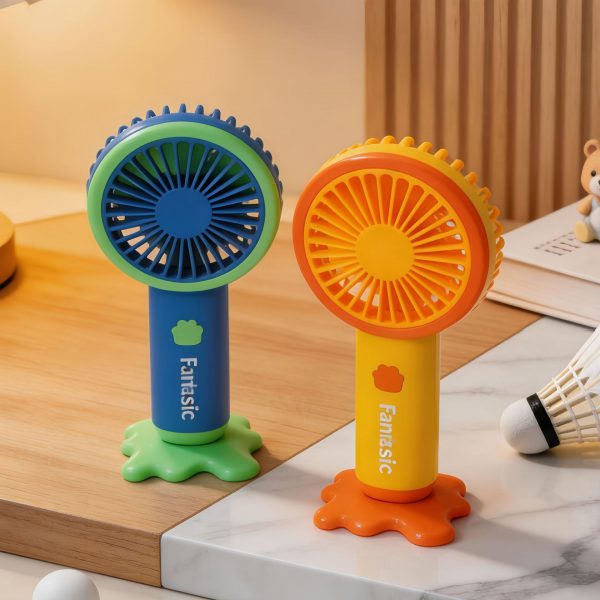 Blue and yellow rechargeable mini handheld fans with desktop bases