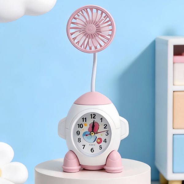White & Pink rechargeable desktop fan with analog clock and flexible neck