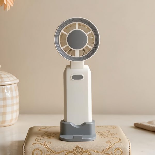 White USB rechargeable handheld fan with desktop stand