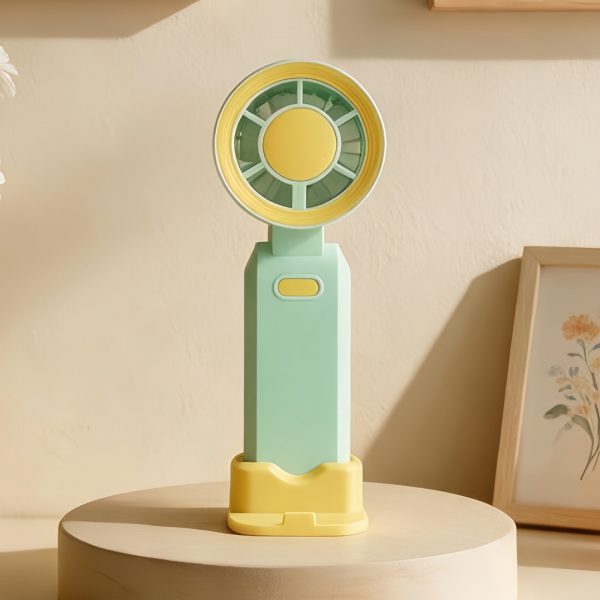 Green USB rechargeable handheld fan with desktop stand