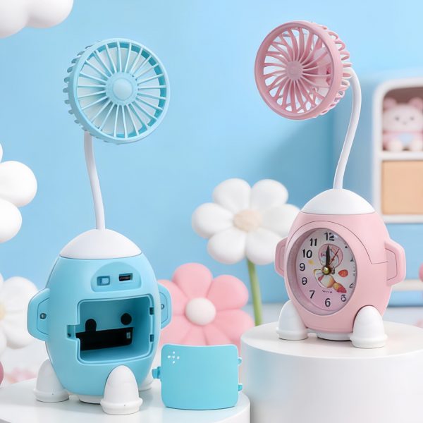 Blue and White clock fan rear battery compartment beside Pink and White clock fan front view