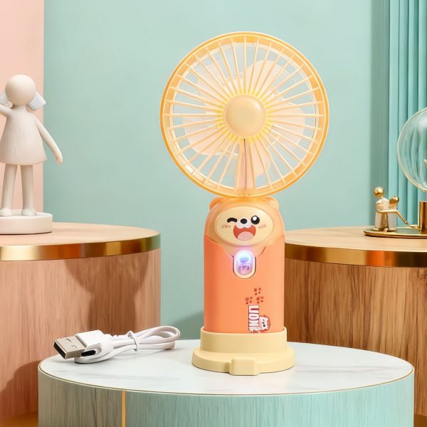 Orange cartoon USB rechargeable desktop fan with night light and phone stand