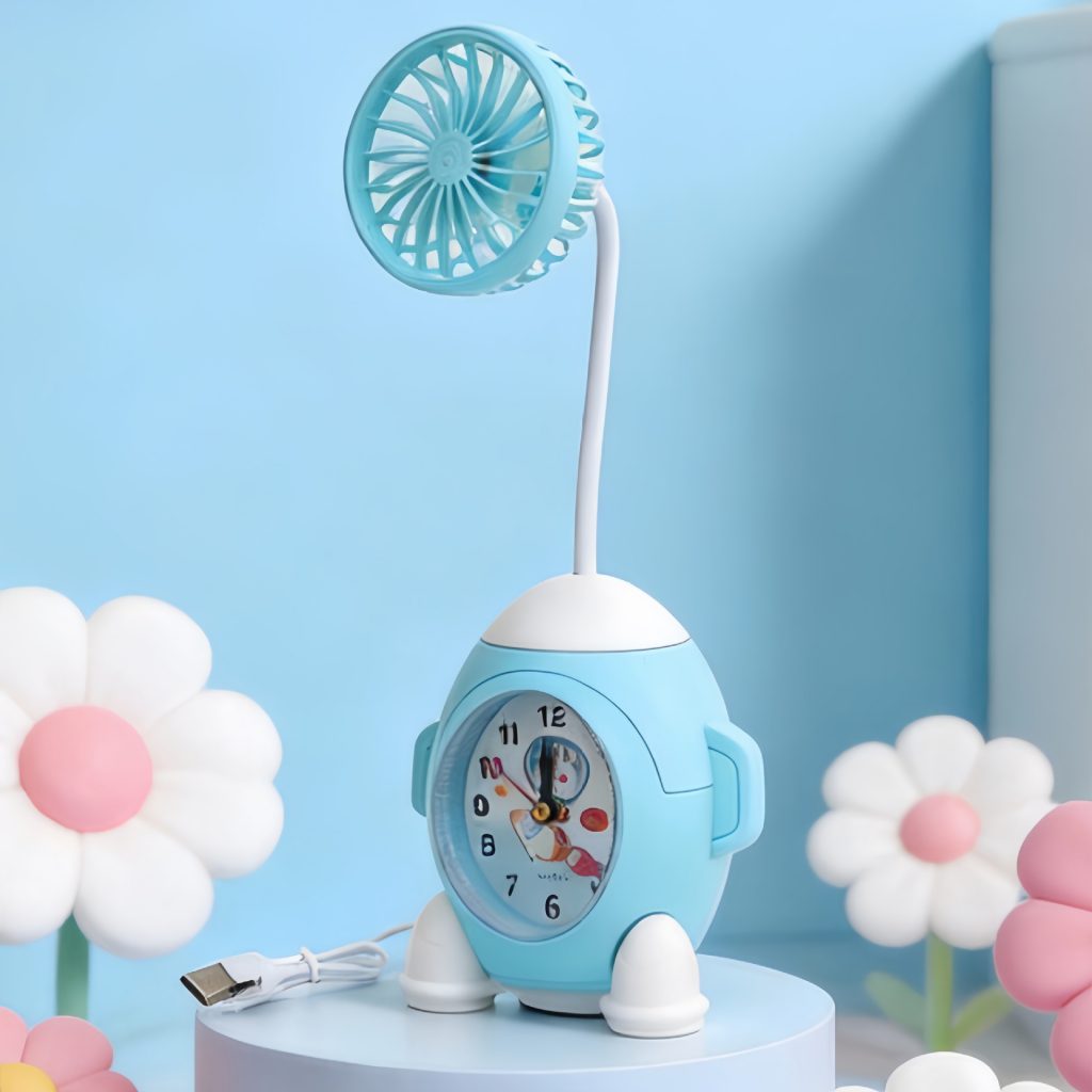 Blue & White rechargeable desktop fan with analog clock and flexible neck