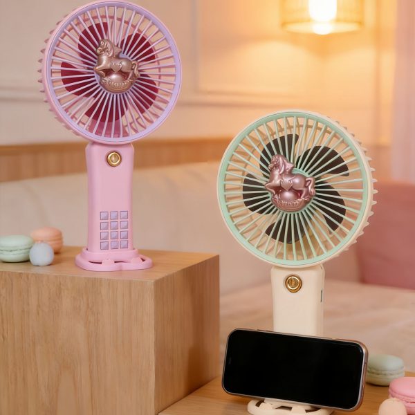 Purple and apricot mini fans with detachable desktop bases and phone stand